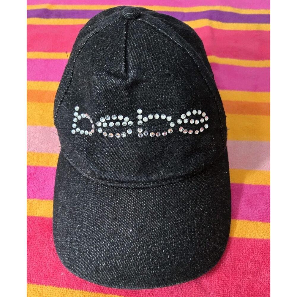 bebe Black Denim Rhinestone Logo Adjustable Baseball Cap Women's One Size